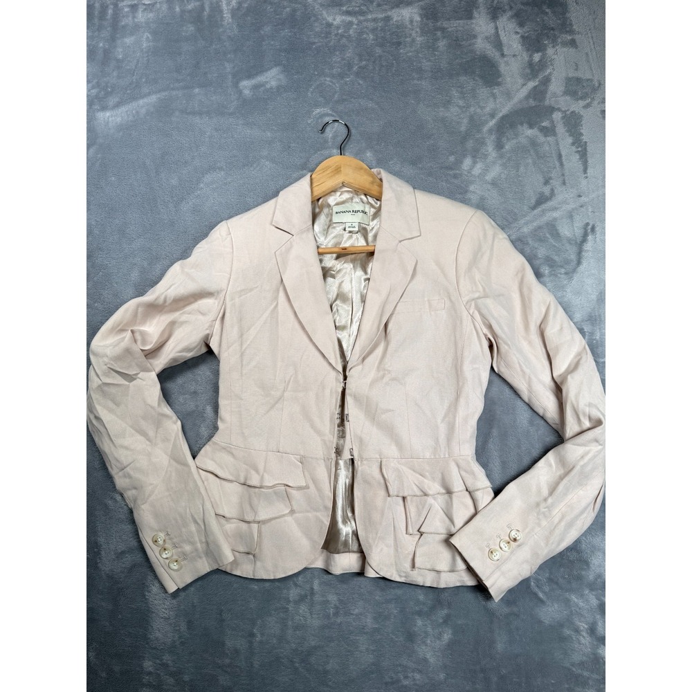 Banana Republic Blazer Jacket Womens 0 Beige Linen Ruffle Hem Detail Notch Lapel